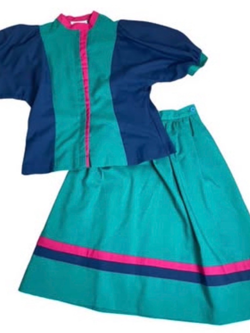 Vintage Teal & Navy Matching Two-Piece Set Size S | Retro Blouse + Skirt